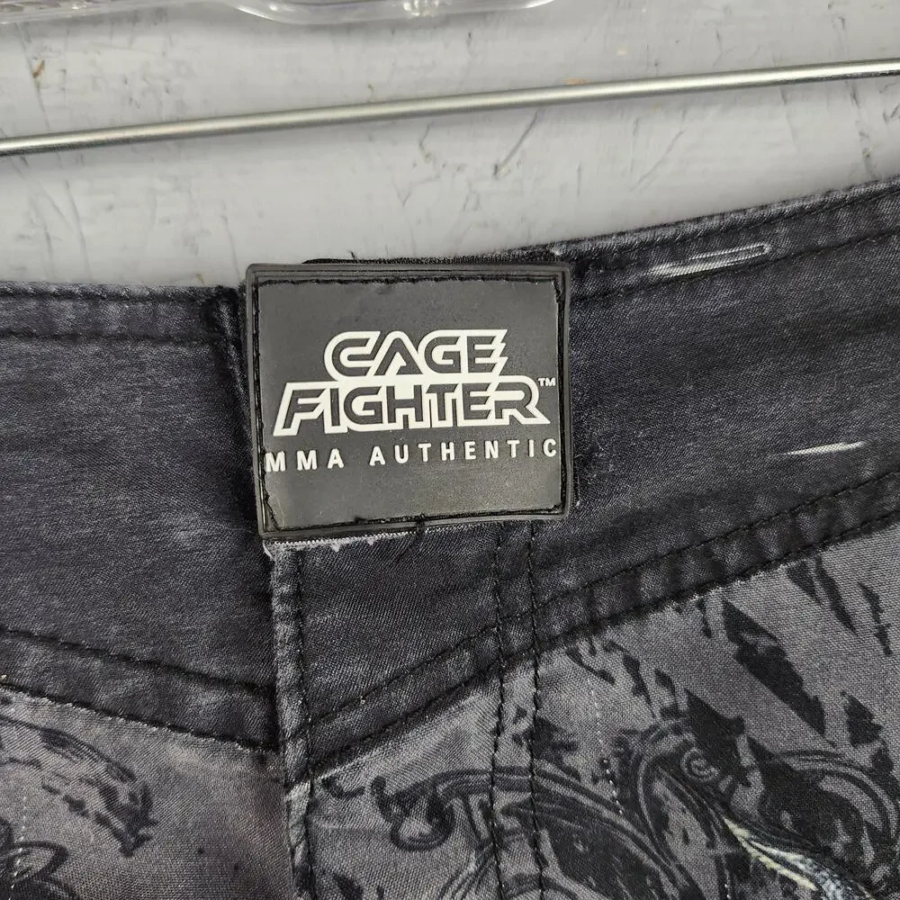 Cage Fighter MMA Authentic Shorts Mens 34 Black Graphic Fight Trunks Graphic